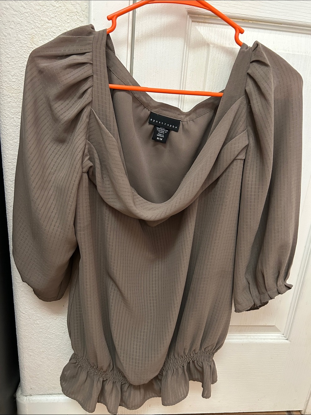 Apostrophe Taupe Puff-Sleeve Draped Neck Blouse